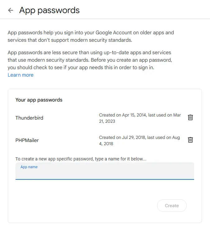 Google App Passwords page showing where to enter an App Name