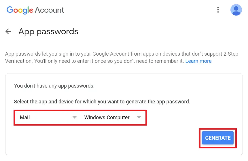 Create new app password for Gmail Google Account