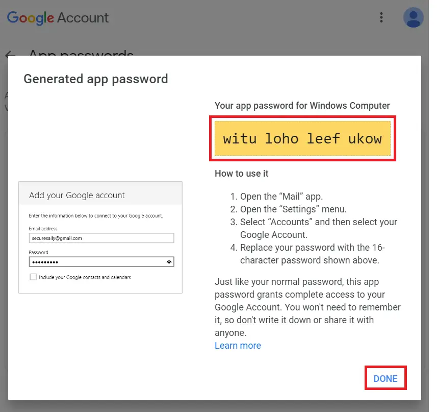 Google generated app password