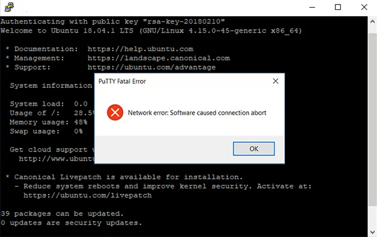 PuTTY Network Error: Software caused connection abort