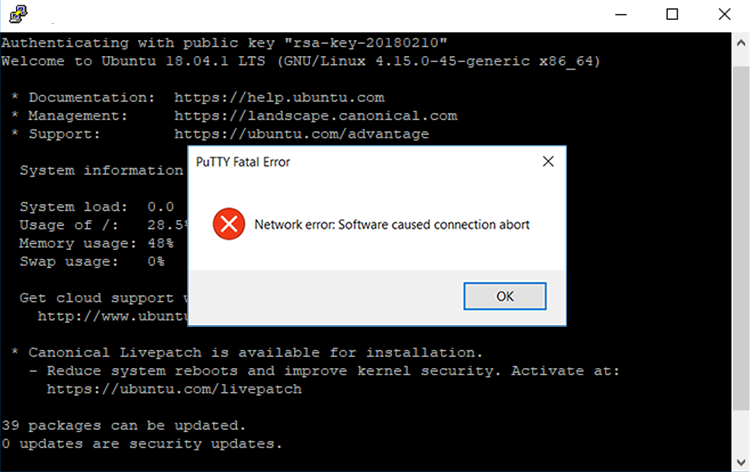 PuTTY Network Error: Software caused connection abort