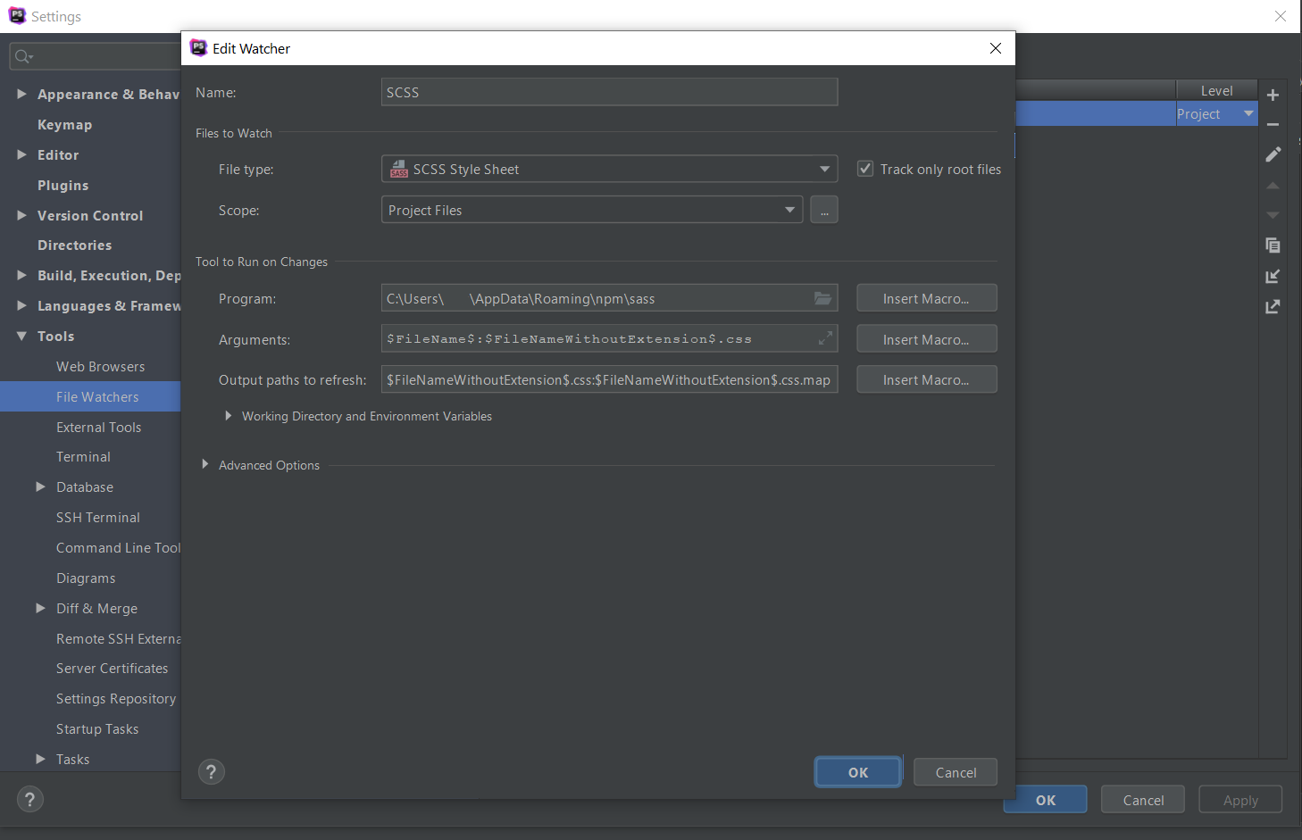 Configuring Sass/SCSS for PhpStorm on Windows