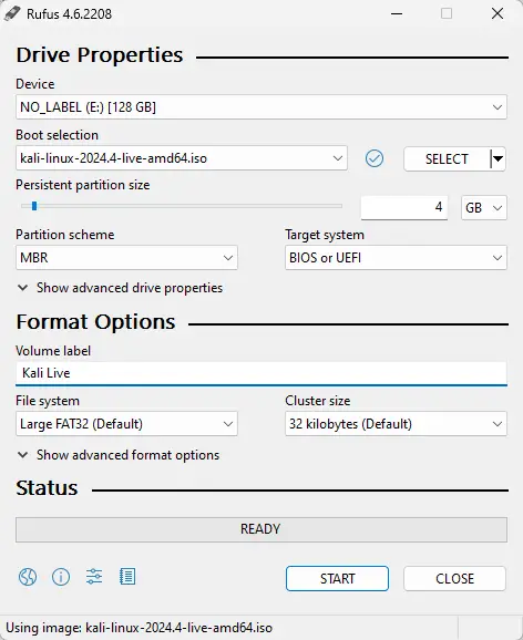 Screenshot of Rufus on Windows showing a 128 GB USB drive, Kali Linux ISO selected, a 4 GB Persistent partition size, MBR partition scheme, and a volume label set to ‘Kali Live.’