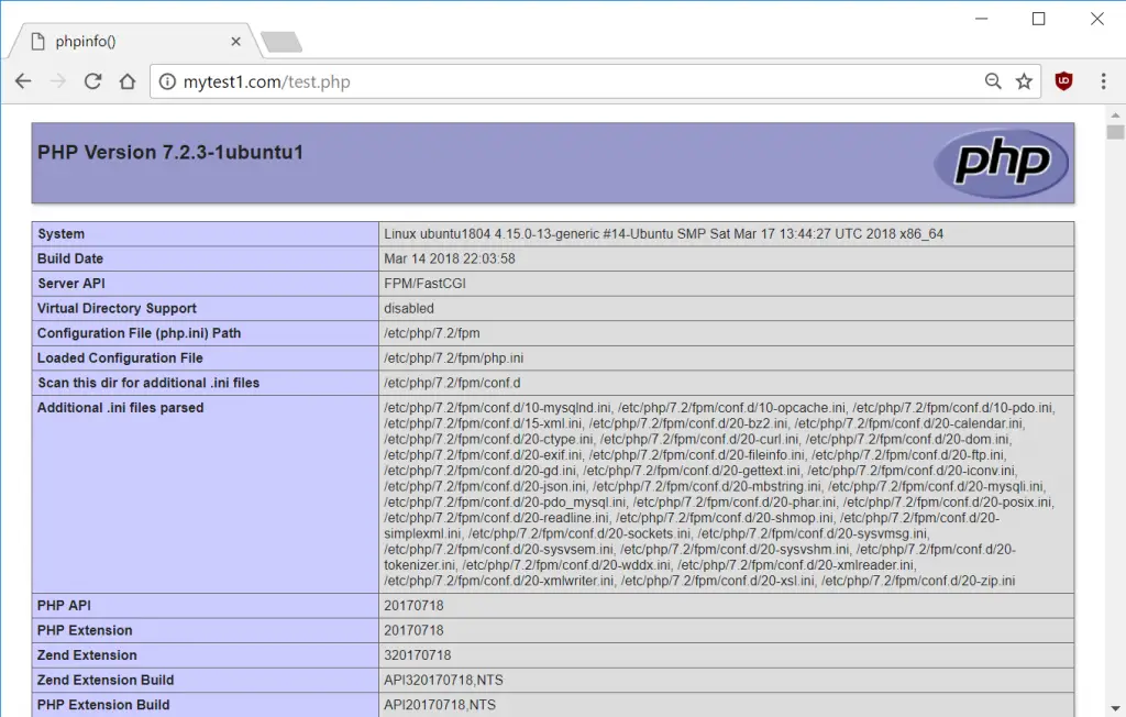 PHP info test page on Ubuntu 18.04