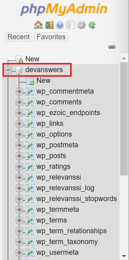 phpMyAdmin database tree menu