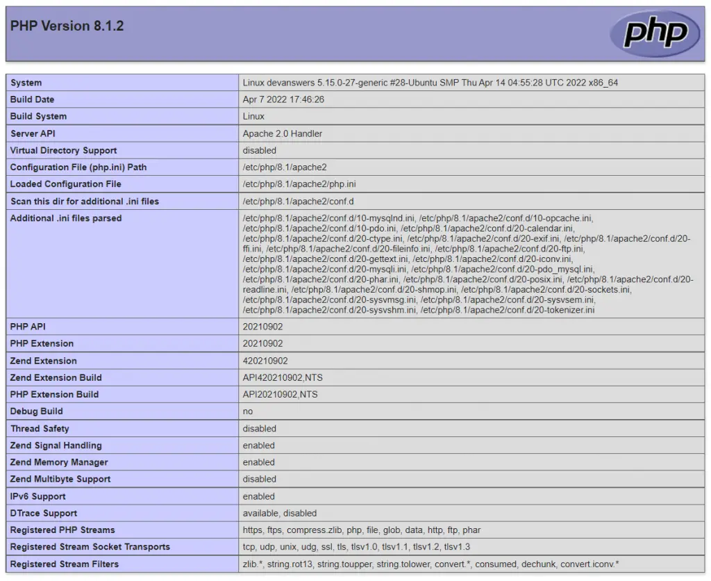 PHP 8 info test page on Apache and Ubuntu 22.04